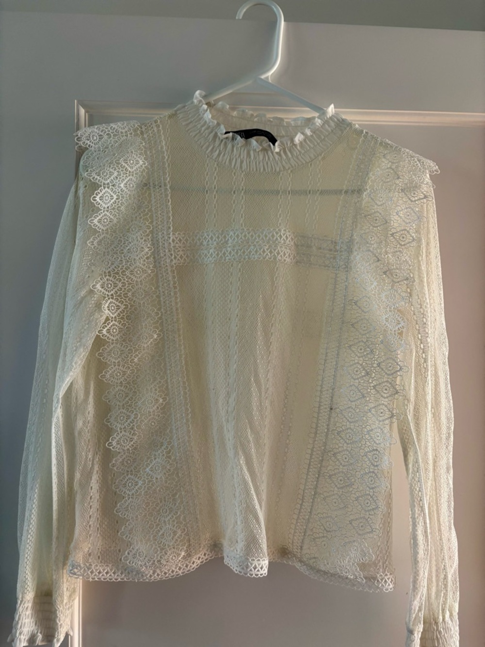 Sheer Lace Ruffle High-Neck Top - Cream